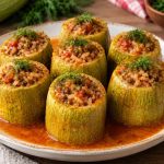 Turkish stuffed zucchini filled with ground beef and rice, topped with fresh dill in tomato sauce